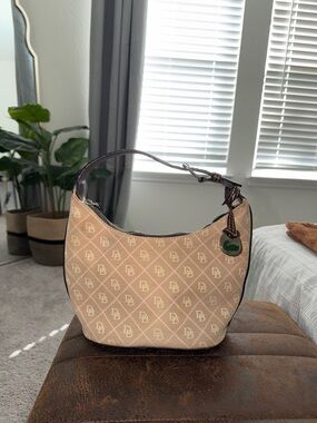 Dooney & Bourke Beige Monogram Mini Hobo with Dark Brown Trim
